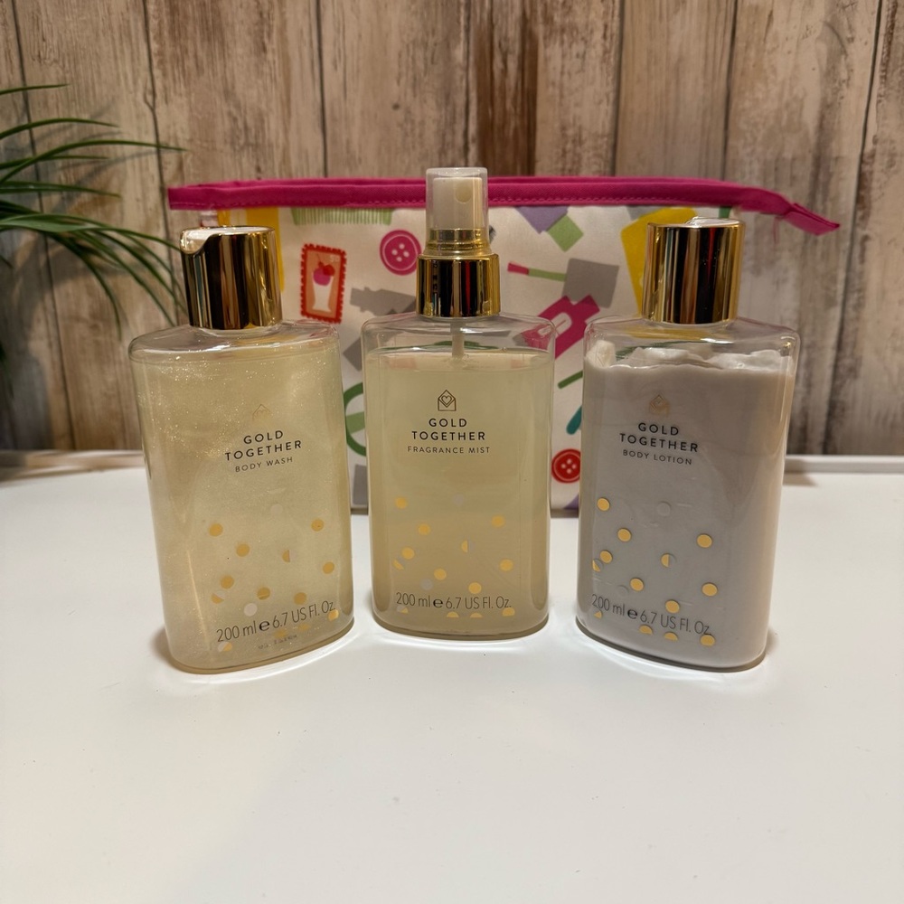Bath & Body Works Gold Together Bath Trio with Pink-Trim Pouch